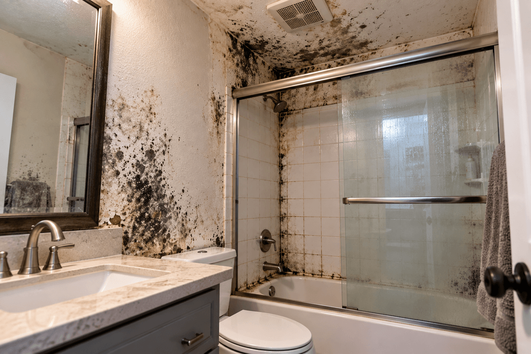 Visible mold inside a bathroom on the walls and ceiling
