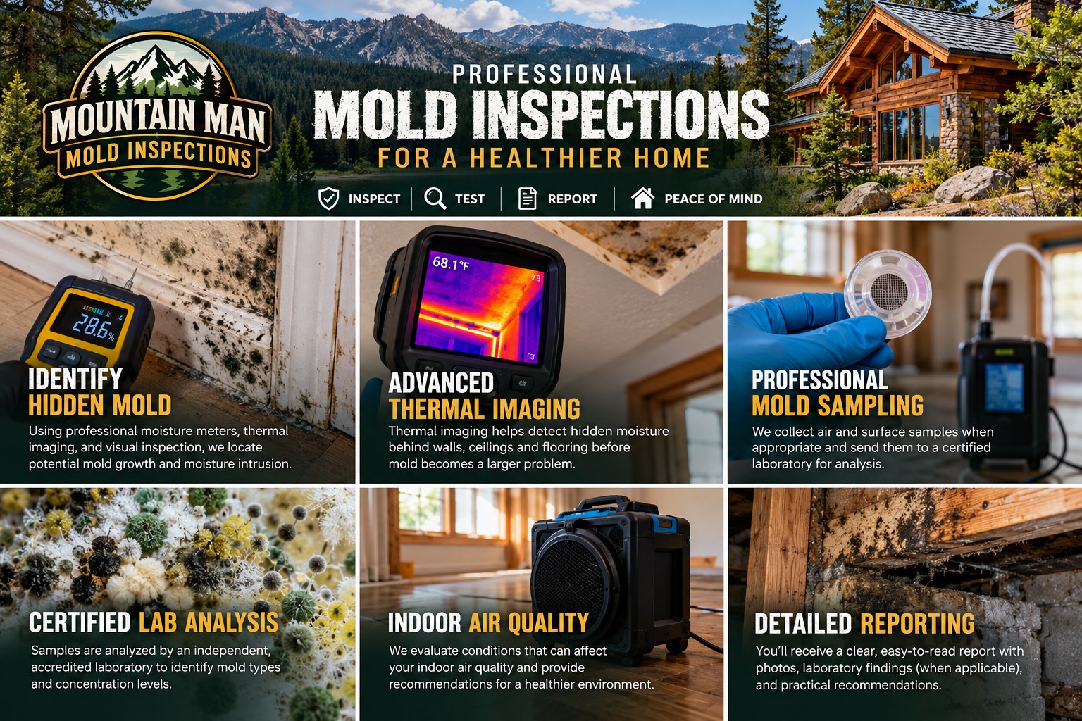 Illustrated overview of mold and moisture inspections, thermal imaging, sampling, laboratory analysis, indoor air quality and reporting